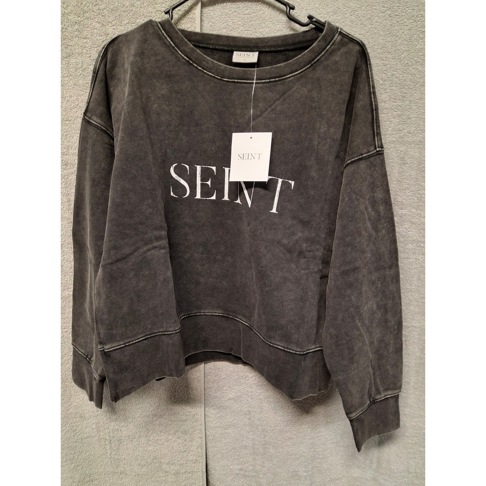 Seint Logo Sweatshirt Womens LargeAcid Wash CharcoalGreyCropped Pullover NEW(b4)